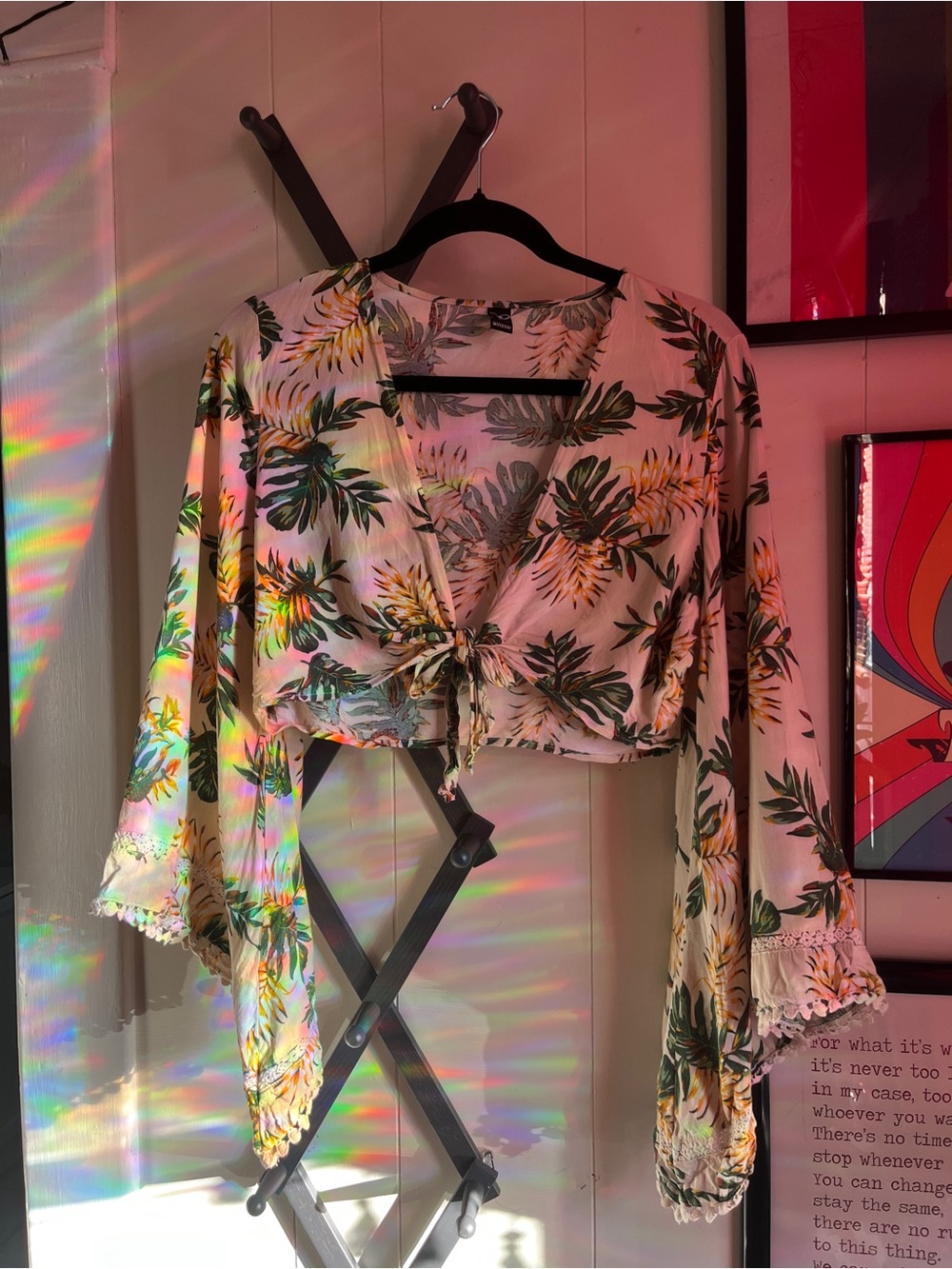 Windsor White Tie-Front Crop Top with Green & Yellow Palm Print